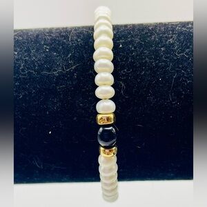 White Freshwater Pearls, Black Onyx Bead, and Gold Tone Beads Cuff Bracelet